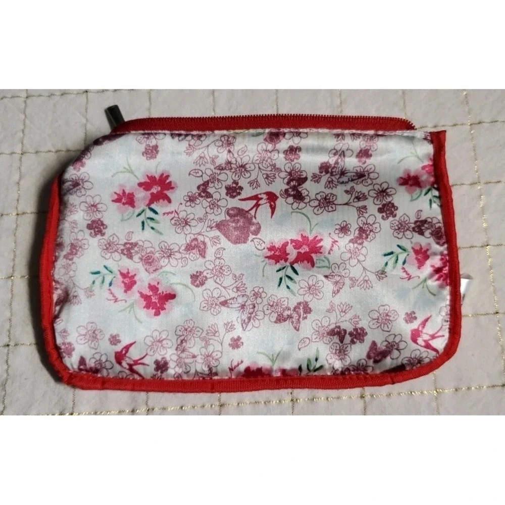 NESS Scotish Wool‎ Blend Makeup Bag Green Pink Tartan Floral Applique 8.5x5.5